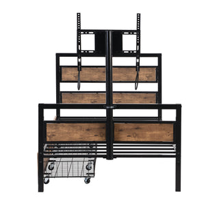 Twin Size Platform Bed With Headboard And Footboard, 2 Storage Drawers And Rotatable TV Stand - Black