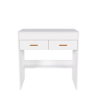 Flip Top Vanity Desk With LED Mirror & Outlet Makeup Table With 2 Drawers, Open Storage, And Jewelry Hooks - White