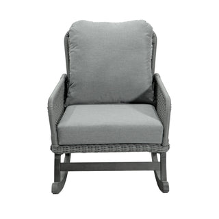 Modern 3 Piece Outdoor Seating Set With Cushioned Rattan Rocking Chairs And Wooden Accent Table