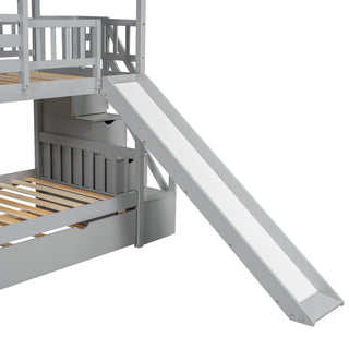 House Bunk Bed With Trundle, Storage Staircase, Roof And Window Design