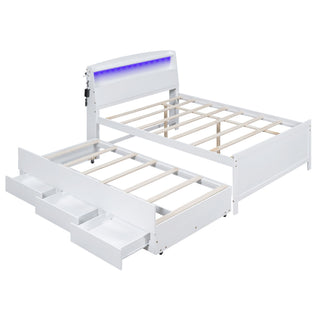 Full Size Platform Bed With Storage LED Headboard, Twin Trundle And 3 Drawers - White
