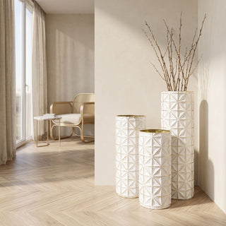 Tall Textured Geometric Decorative Floor Vases Home Decor (Set of 3) - White / Gold