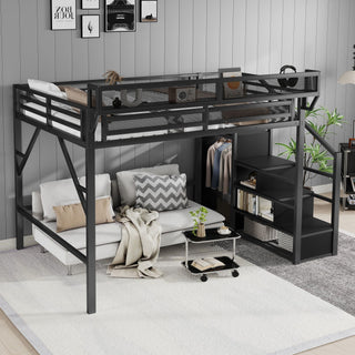 Queen Size Loft Bed With Stairs, Storage Shelves, Wardrobe - Black
