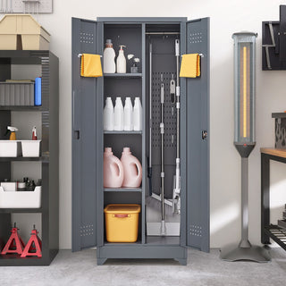 Heavy Duty Storage Cabinet With Locking Doors, Hanging Rod & Shelves, Broom Closet - Gray