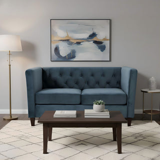 Button Tufted Loveseat, Upholstered 2 Seater With Square Arm For Living Room - Navy Blue
