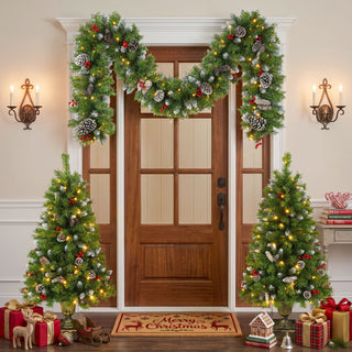 Pre Lit Artificial Christmas Tree Set With LED Lights, 3 Piece Garland And Entrance Trees, Warm Lighting, Indoor Use Only - Green