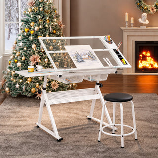 Adjustable Tempered Glass Drafting Printing Table With Chair