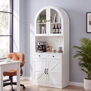 Tall Arched Pantry Cabinet With Charging Station, Adjustable Shelves, Coffee Bar