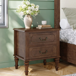 Fluted Nightstand With 2 Drawers, Bedside Table - Walnut