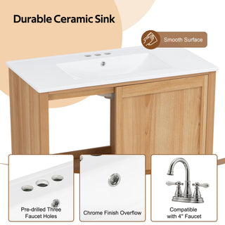36" Bathroom Vanity With Sink, Soft Close Drawers - Natural