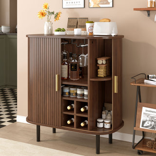 Fluted Wine Bar Cabinet With 8 Grid Wine Rack, 5 Level Adjustable Shelves, 2 Glass Holders