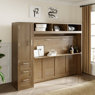 Full Size Murphy Bed With Wardrobe, Drawers, And Open Shelves - Wood