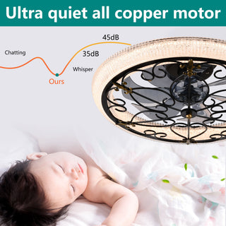 20" Caged Ceiling Fan With Remote Control And Crystal Sand Lampshade - Matte Black