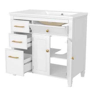 Modern Bathroom Vanity With Ceramic Sink, Freestanding, One Tip Out Drawer, 3 Side Drawers, Adjustable Shelf