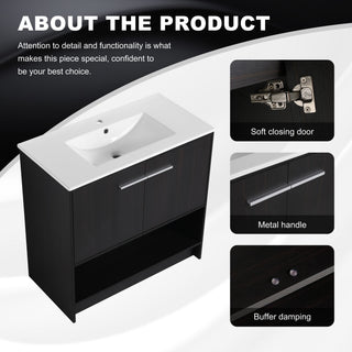 Modern Bathroom Vanity With Ceramic Sink, Freestanding Cabinet, Soft Closing Doors