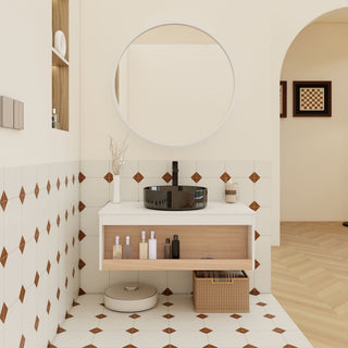 Floating Bathroom Vanity With Vessel Sink With Open Shelf Storage
