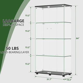 Modern Glass Display Cabinet With 4 Shelf Double Doors And Lock, Tempered Glass Bookshelf For Living Room - Black