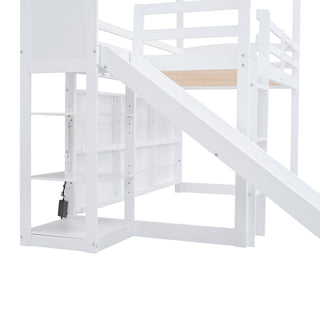 House Loft Bed With Slide, Storage Shelves And Light, Climbing Ramp