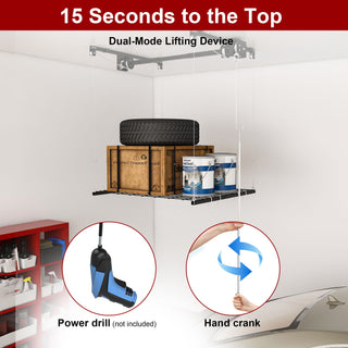 Overhead Garage Storage Rack 4 X 4 Ft For High Ceilings, With Safety Lock - Black