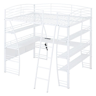 Loft Bed With 4 Layers Of Shelves And L-Shaped Desk, Stylish Metal Frame Bed With A Set Of Sockets, USB Ports And And Wireless Charging