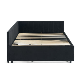 Full Size Upholstered Daybed With Trundle, Tufted Backrest And Armrests - Black