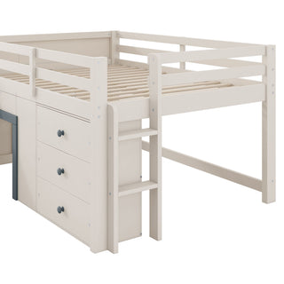Modern Low Loft Bed With Slide, 3 Storage Drawers, And 2 Doors
