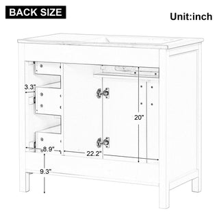 36" Bathroom Vanity With Sink, 2 Doors, 3 Drawers, Rectangular - White