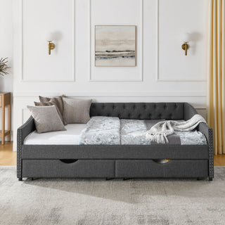 Upholstered Tufted Daybed With 2 Drawers, Waved Arms