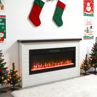 65" Electric Fireplace With Wall Mantel, 50" Fireplace Insert Heater, Remote Control, Timer For Living Room - Antique White