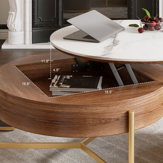 Lift Top Round Coffee Table With Hidden Storage, 3 Upholstered Nesting Ottomans - Brown / Gray / Golden / White