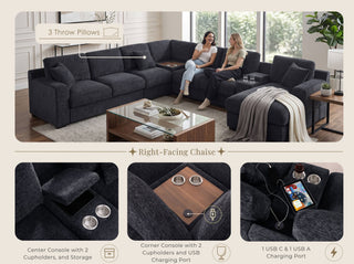 Celine - Fabric Corner Sectional Sofa With Right-Facing Chaise, Cupholders, And Charging Ports