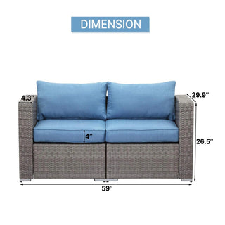 2 Piece Patio Loveseat Set With Thick Cushions, Outdoor Sectional Sofa For Balcony - Blue / Brown