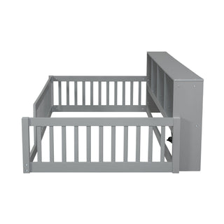 Twin Long Floor Bed With Storage Cabinets And USB Ports - Gray