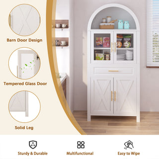 Arched Kitchen Pantry Cabinet With Adjustable Shelves & Barn Door Design