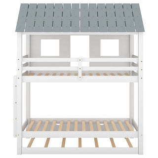 Twin Size House Bunk Bed With Trundle, Roof And Windows - White / Gray
