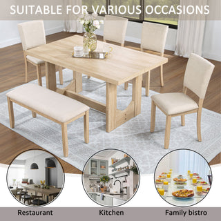 6 Piece Rectangular Kitchen Table Set With Bench And 4 Upholstered Chairs For Kitchen - Light Oak