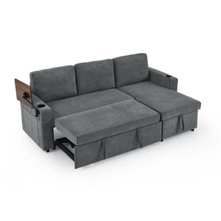 Multi Functional Pull Out Bed Sofa With Retractable Table, LED Lighting, USB Charging Ports & Cup Holders