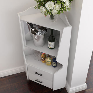 Corner Bar Cabinet With Mirrored Back, 2 Open Shelves & 2 Drawers, High Legs For Easy Cleaning