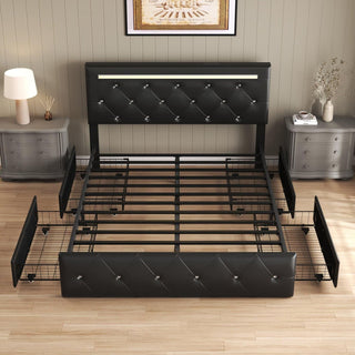 Upholstered Bed Frame With LED Lights, 4 Storage Drawers, Charging Station