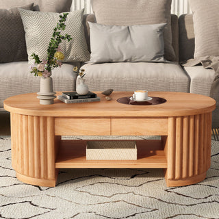 Fluted Oval Coffee Table With Drawers, 2 Tier Cocktail Table