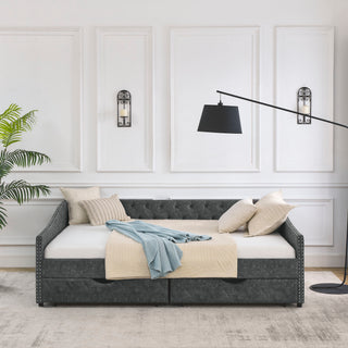 Upholstered Tufted Daybed With 2 Drawers, Waved Arms