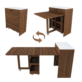 Extendable Dining Table With Power Socket, Lockable Casters, Storage Cabinet