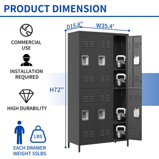 6 Door Lockers With Lock For Secure Storage - Black