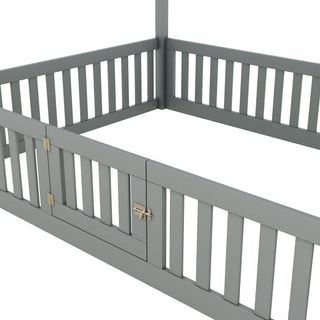 Wood House Bed With Fence And Door