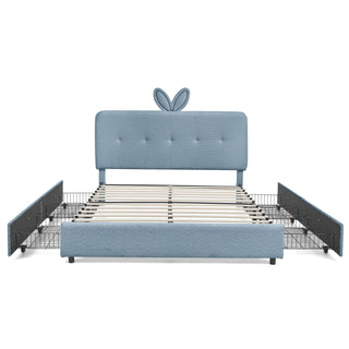Upholstered Bed With Oversized Rabbit Ear Headboard, LED Lights & 4 Storage Drawers