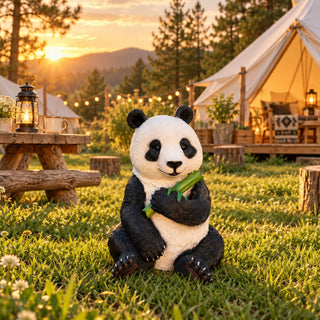 Panda Garden Statue, Sitting Animal Sculpture With Bamboo For Patio - Black White
