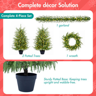 4 Piece Christmas Artificial Trees With Sturdy Bases, Pre Lit Wreath & Garland, Warm LED Lights, Indoor Holiday Decor - Green