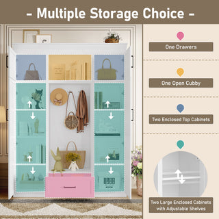 Hall Tree With Bench And 3 Hooks, Modern Entryway Storage Organizer Cabinet With 4 Doors, 1 Drawer And Adjustable Shelves