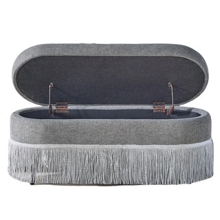 Oval Upholstered Storage Ottoman With Fringe Trim & Lift Top Lid