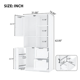 Freestanding Bathroom Storage Cabinet With Doors And Drawers, Adjustable Shelf, Open Shelves - White